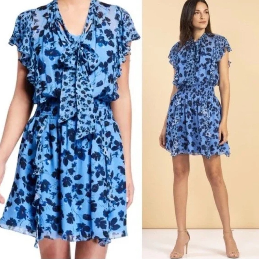 Shoshanna Sapphira Blue Ruffle Floral Mini Dress Size 6